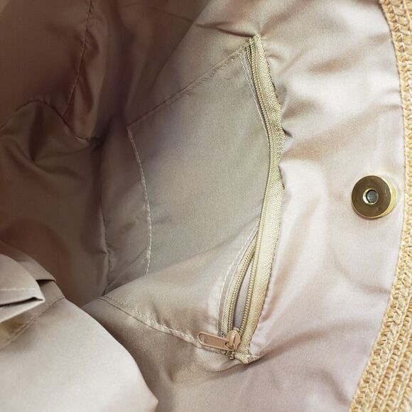 Woven Paper Straw w Metal Trim Purse Tote Beach Bag Green Pink Tan Footed Lined - Picture 8 of 11